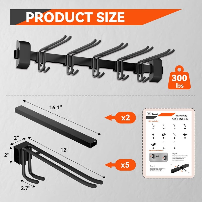 Tdrynl 32" Ski & Snowboard Wall Rack – Heavy-Duty Wall Mounted Ski Storage for Garage, Holds 10 Pairs with 5 Adjustable Hooks, 300lbs Capacity, Non-Slip Rubber, Easy Install | Ski Holders for Wall - Image 4
